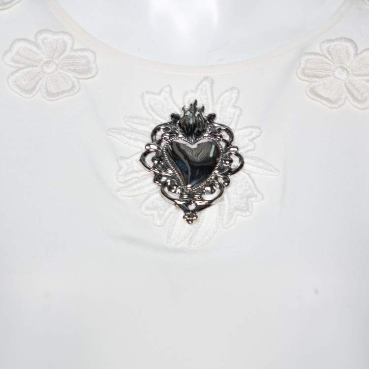 Pre Owned Dolce & Gabbana Cream Silk Floral Applique Sacred Heart Top L
