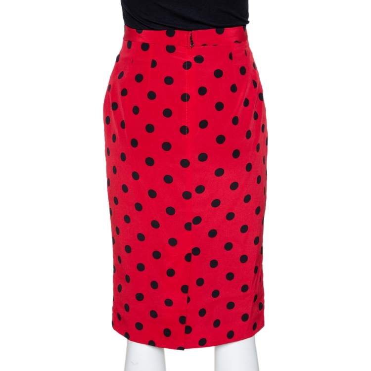 Pre Owned Dolce & Gabbana Red Polka Dot Silk Pencil Skirt S