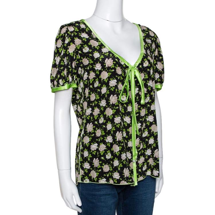 Pre Owned Dolce & Gabbana Black Rose Print Silk Button Front Blouse L