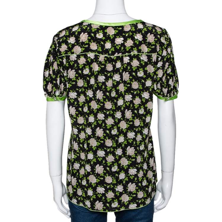 Pre Owned Dolce & Gabbana Black Rose Print Silk Button Front Blouse L