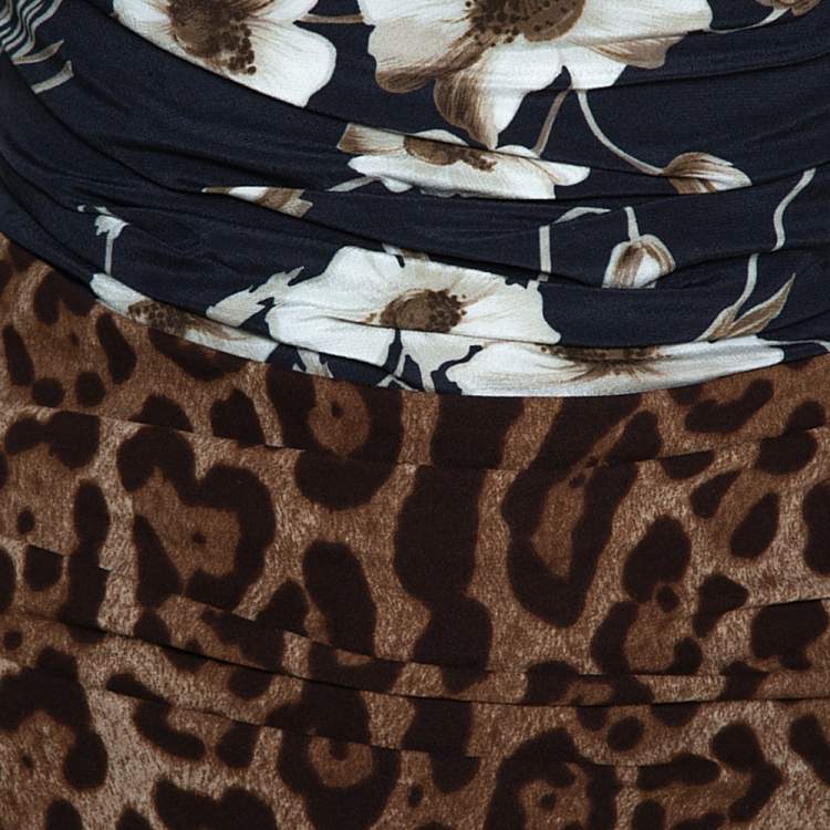 Pre Owned Dolce & Gabbana Brown Mixed Print Silk Ruched Dress S