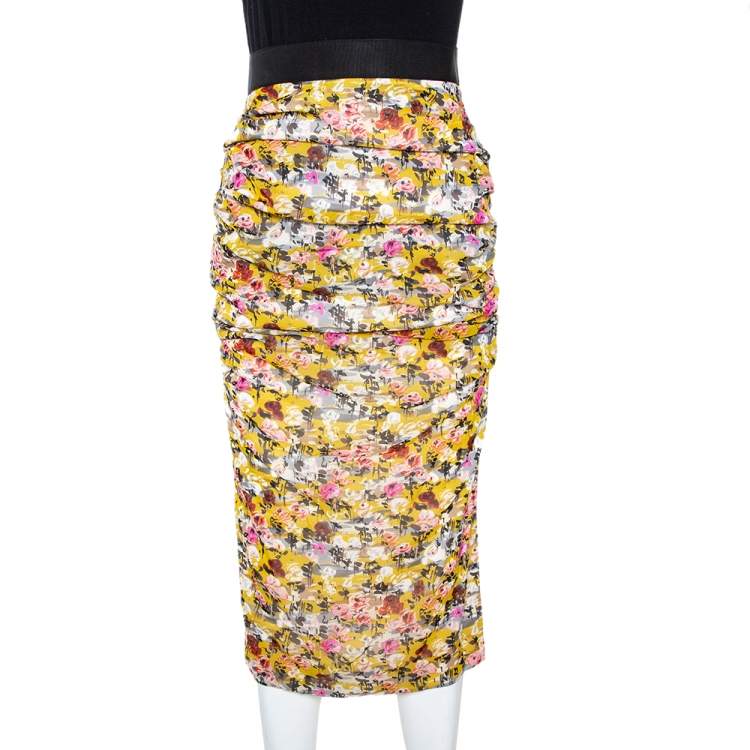 Pre Owned Dolce & Gabbana Yellow Floral Print Stretch Silk Ruched Skirt M