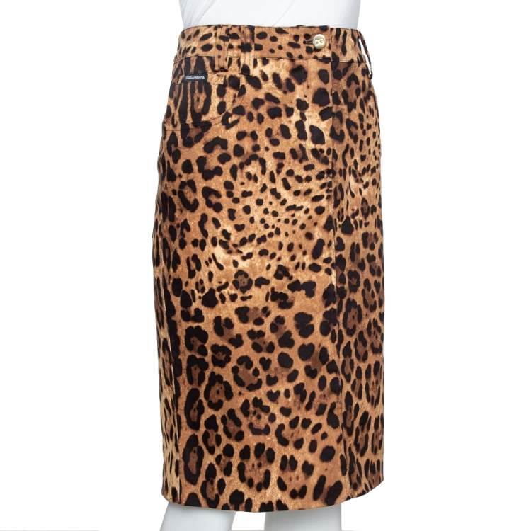 Pre Owned Dolce & Gabbana Brown Leopard Print Cotton Fitted Skirt L
