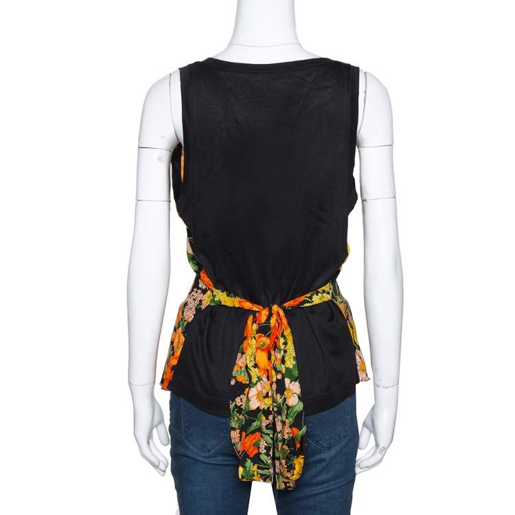 مملوكة مسبقًا Dolce & Gabbana Black Floral Print Silk & Cotton Sleeveless Top L