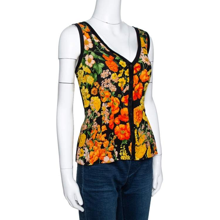مملوكة مسبقًا Dolce & Gabbana Black Floral Print Silk & Cotton Sleeveless Top L