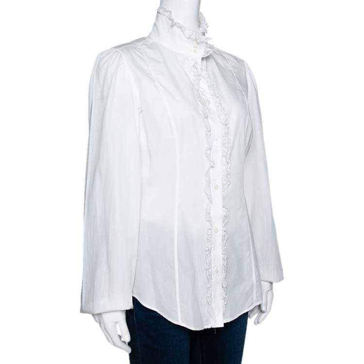 مملوكة مسبقًا Dolce & Gabbana White Cotton Ruffled Lace Trim Shirt L