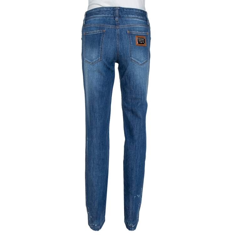 Pre Owned Dolce & Gabbana Blue Denim Paint Splattered Straight Leg Jeans M