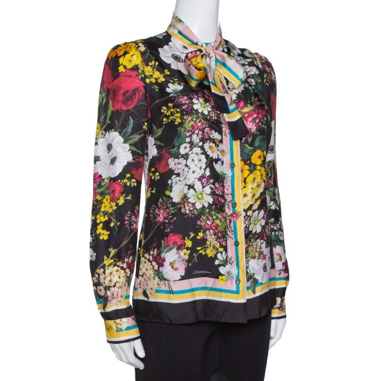 Pre Owned Dolce & Gabbana Bleck Floral Print Silk Bow Neck Blouse S