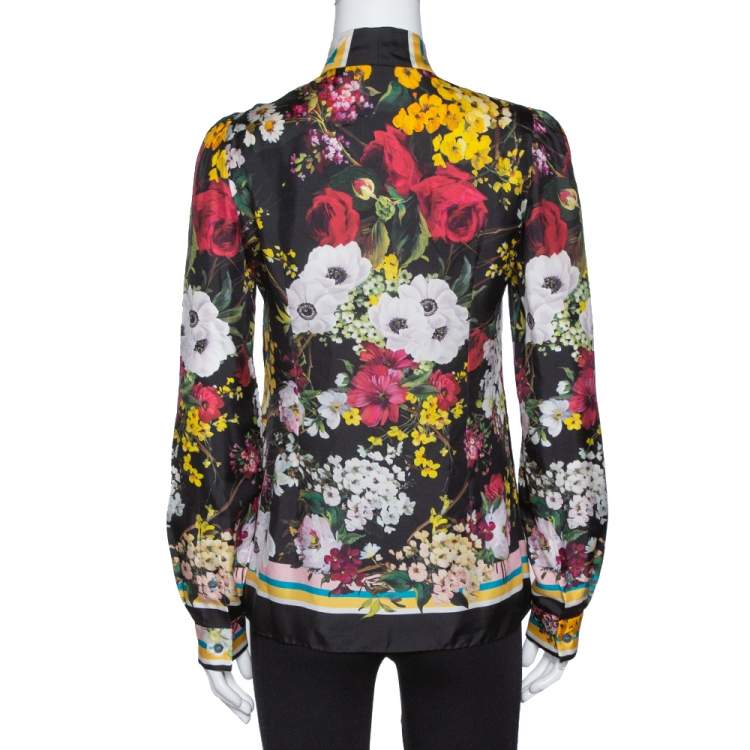 Pre Owned Dolce & Gabbana Bleck Floral Print Silk Bow Neck Blouse S