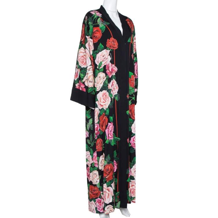 Pre Owned Dolce & Gabbana Black Floral Print Silk Button Front Abaya M