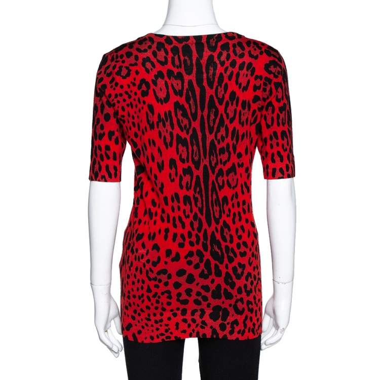 Pre Owned Dolce & Gabbana Red Leopard Pattern Wool Knit Jumper M
