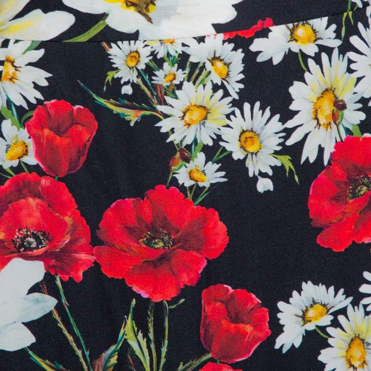 Pre Owned Dolce & Gabbana Black Daisy & Poppy Print Silk Midi Skirt M