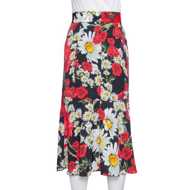 Pre Owned Dolce & Gabbana Black Daisy & Poppy Print Silk Midi Skirt M