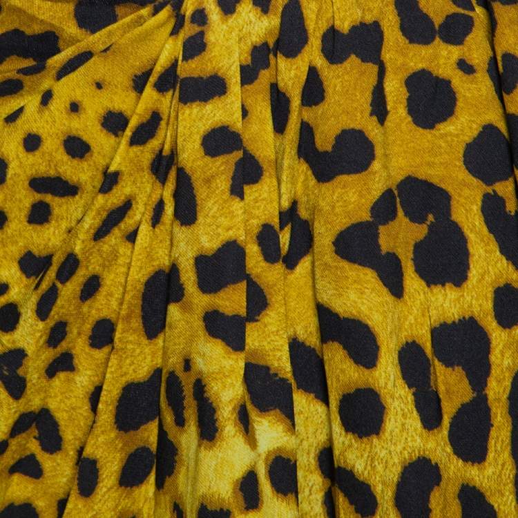 Pre Owned Dolce & Gabbana Chartreuse Leopard Print Silk Draped Midi Skirt L