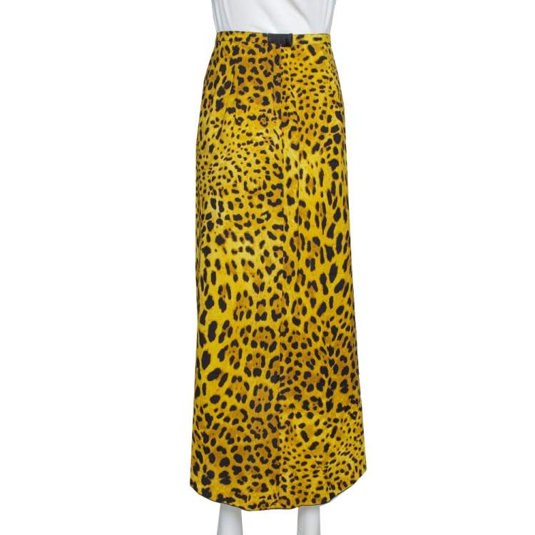 Pre Owned Dolce & Gabbana Chartreuse Leopard Print Silk Draped Midi Skirt L