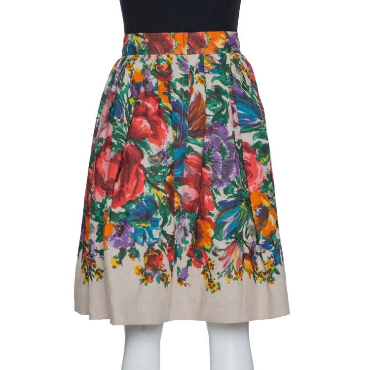 مملوكة مسبقًا Dolce & Gabbana Beige Floral Print Linen Flared Skirt M