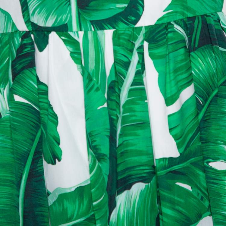 Pre Owned Dolce & Gabbana Green and White Banana Leaf Print Cotton Midi Dress M