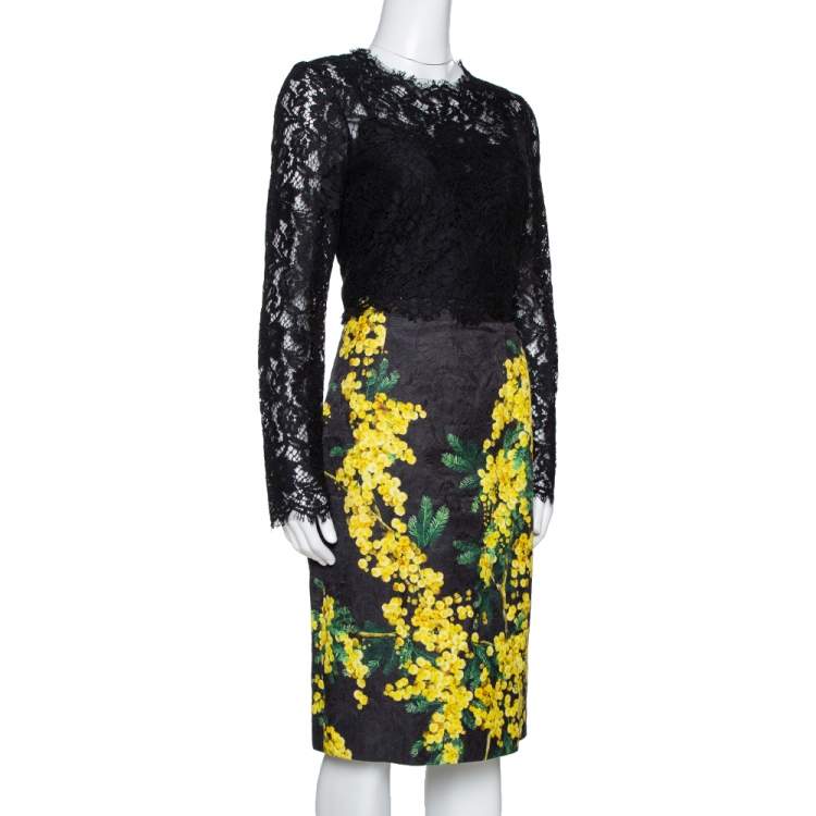 Dolce & Gabbana Black Mimosa Print Brocade And Lace Dress M Dolce & Gabbana  | TLC