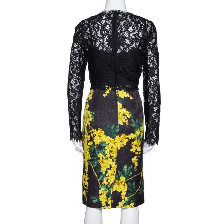 Pre Owned Dolce & Gabbana Black Mimosa Print Brocade And Lace Dress M