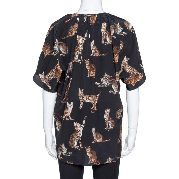 Pre Owned Dolce & Gabbana Black Cat Print Silk Short Sleeve Blouse M