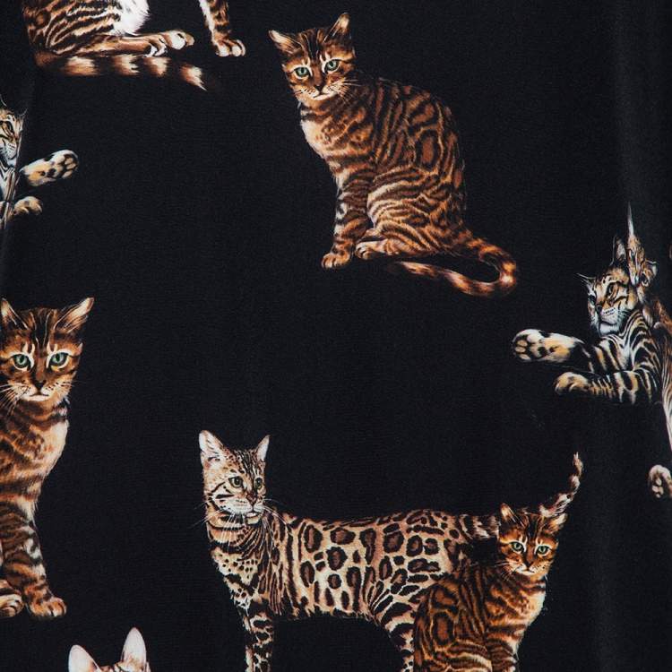 Pre Owned Dolce & Gabbana Black Cat Print Silk Short Sleeve Blouse M