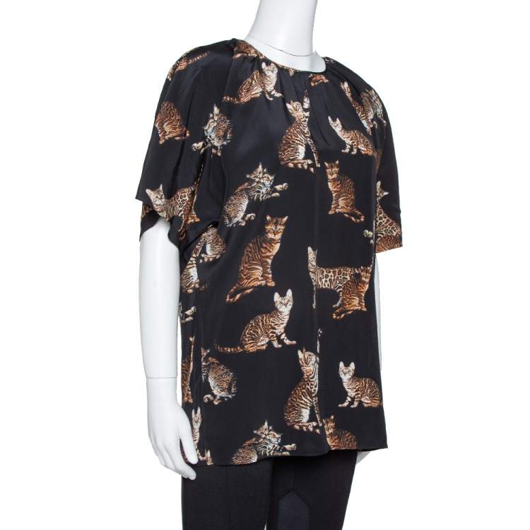 Dolce & Gabbana Black Cat Print Silk Short Sleeve Blouse M Dolce & Gabbana  | TLC