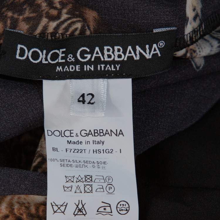 Pre Owned Dolce & Gabbana Black Cat Print Silk Short Sleeve Blouse M