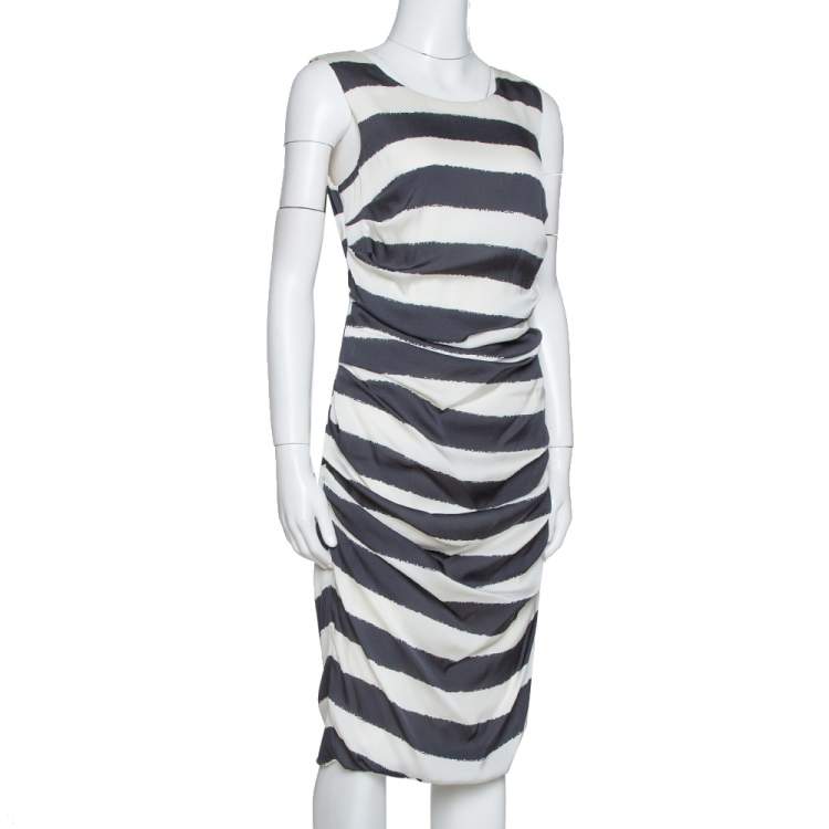 مملوكة مسبقًا Dolce & Gabbana Monochrome Striped Stretch Silk Ruched Dress L