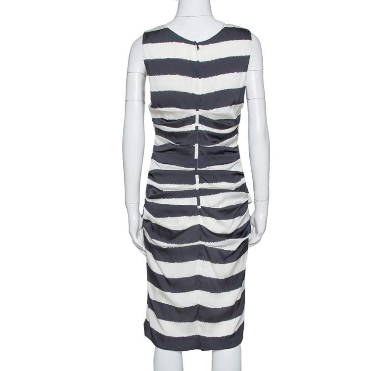 مملوكة مسبقًا Dolce & Gabbana Monochrome Striped Stretch Silk Ruched Dress L