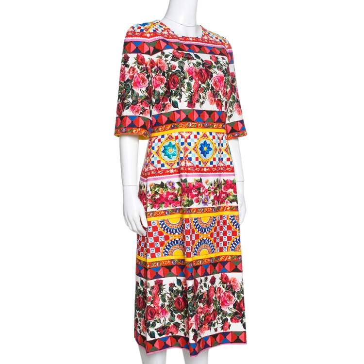Pre Owned Dolce & Gabbana Multicolor Carretto Roses Print Cotton Midi Dress M