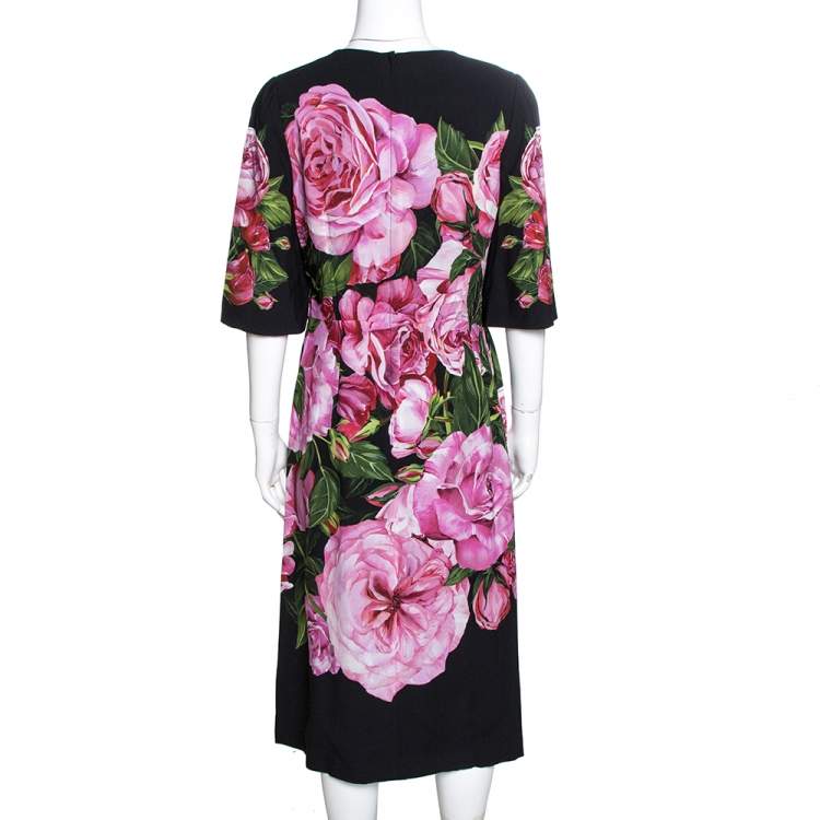 Pre Owned Dolce & Gabbana Black Rose Print Crepe Midi Dress M