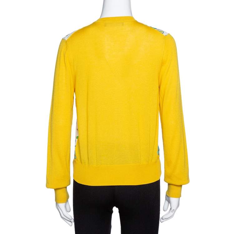 Pre Owned Dolce & Gabbana Yellow Printed Silk & Cashmere Knit Cardigan M