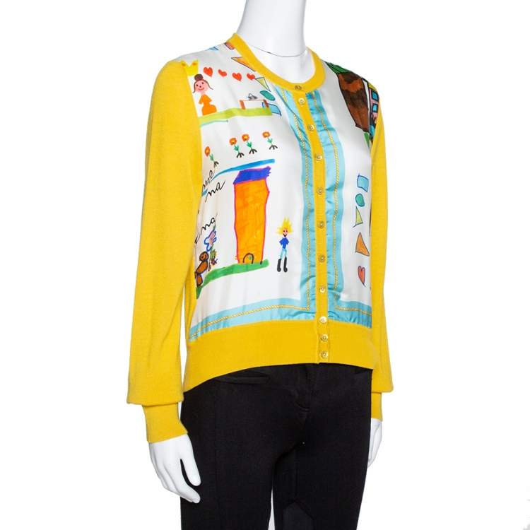 Pre Owned Dolce & Gabbana Yellow Printed Silk & Cashmere Knit Cardigan M