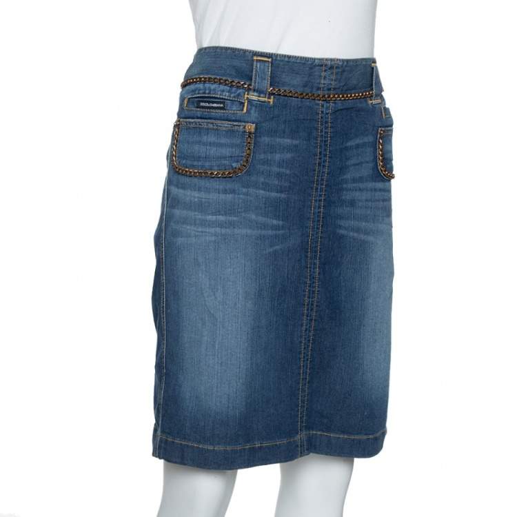 Pre Owned Dolce & Gabbana Blue Denim Chain Detail Fitted Skirt M