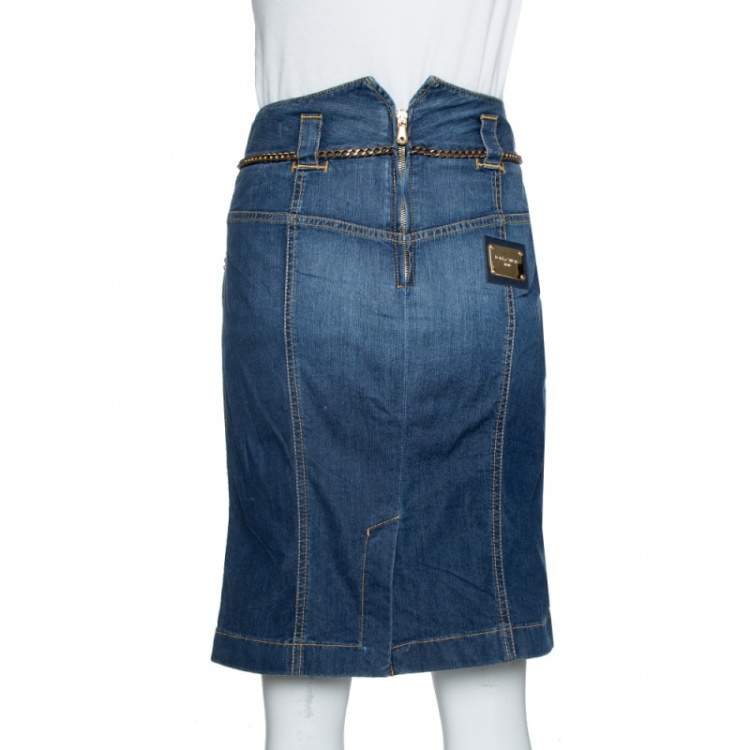 Pre Owned Dolce & Gabbana Blue Denim Chain Detail Fitted Skirt M