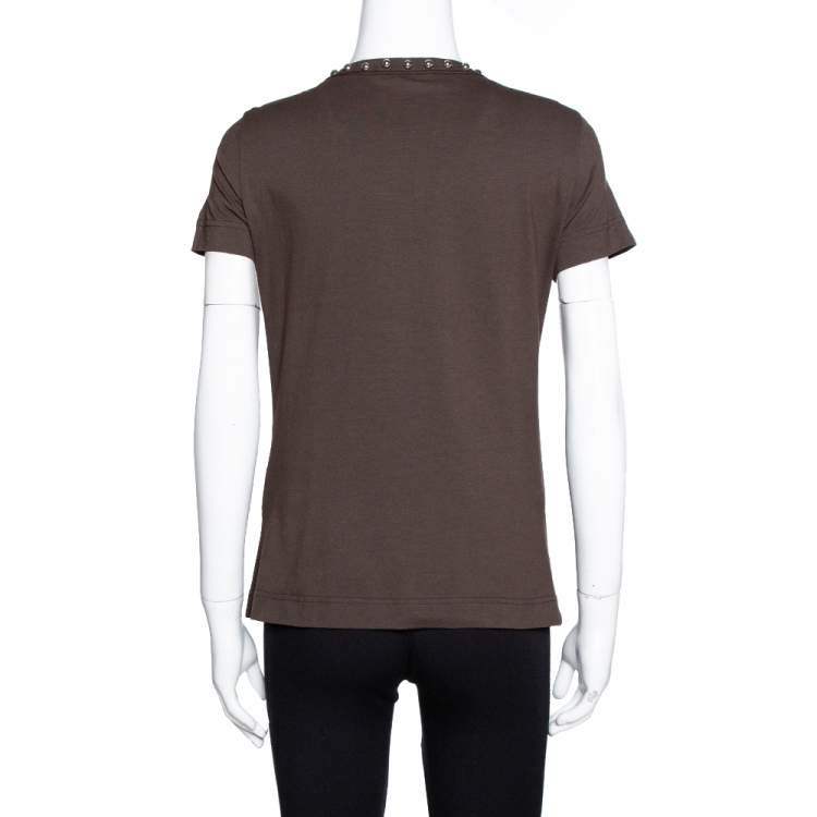 Pre Owned Dolce & Gabbana Brown Jersey Embellished T-Shirt M
