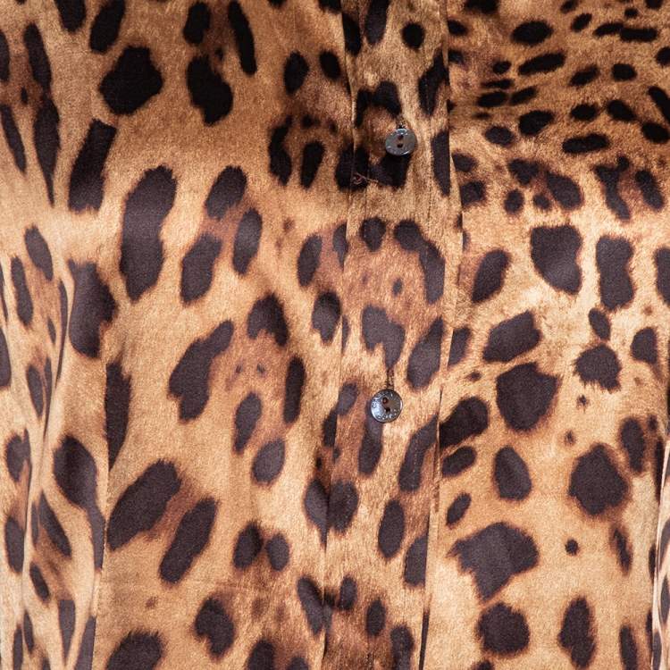 Pre Owned Dolce & Gabbana Brown Leopard Print Silk Button Front Shirt L