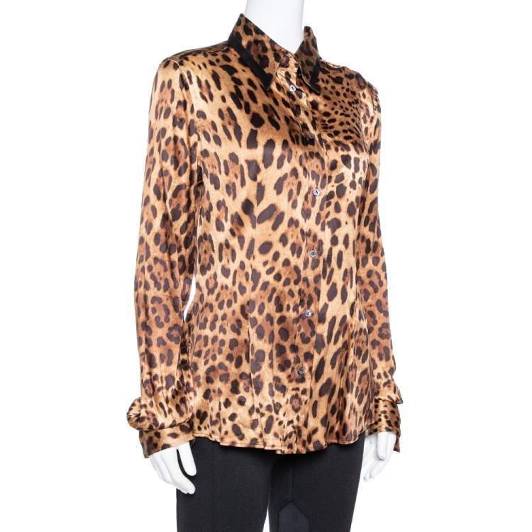 Pre Owned Dolce & Gabbana Brown Leopard Print Silk Button Front Shirt L