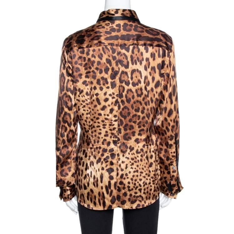 Pre Owned Dolce & Gabbana Brown Leopard Print Silk Button Front Shirt L