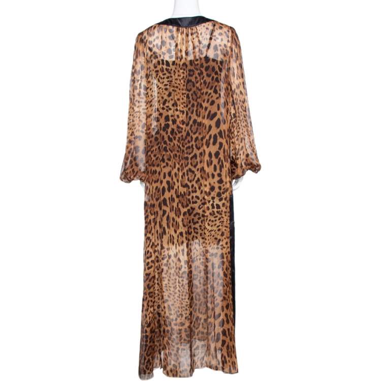 Pre Owned Dolce & Gabbana Brown Leopard Print Silk Sheer Kaftan Dress M