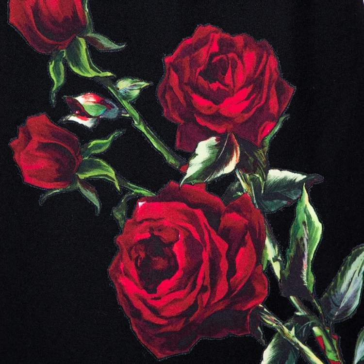 Pre Owned Dolce & Gabbana Black Wool Rose Appliqued A-Line Skirt M