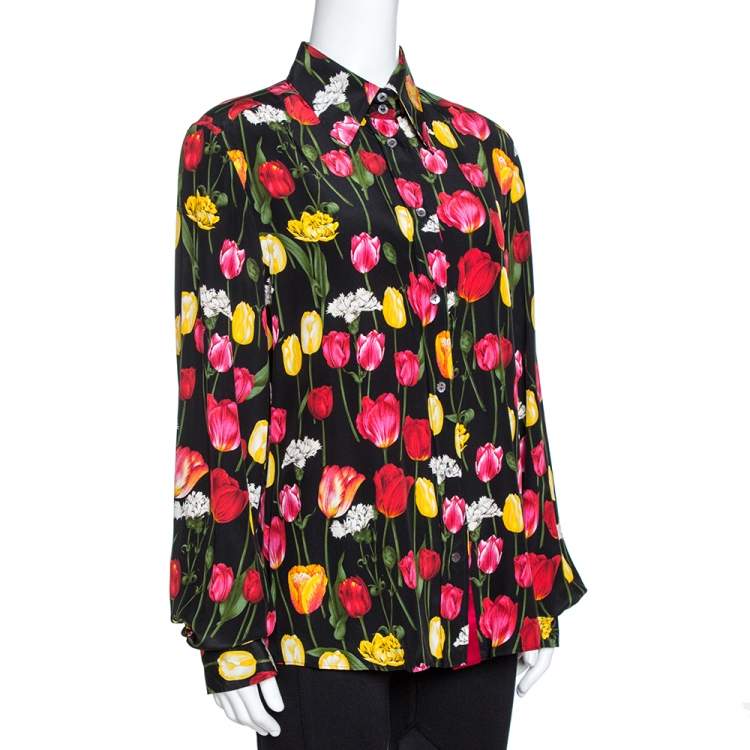 Pre Owned Dolce & Gabbana Black Tulip Print Silk Long Sleeve Shirt L