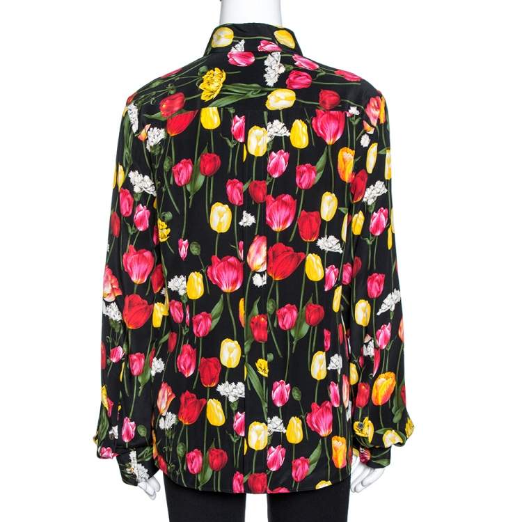 Pre Owned Dolce & Gabbana Black Tulip Print Silk Long Sleeve Shirt L