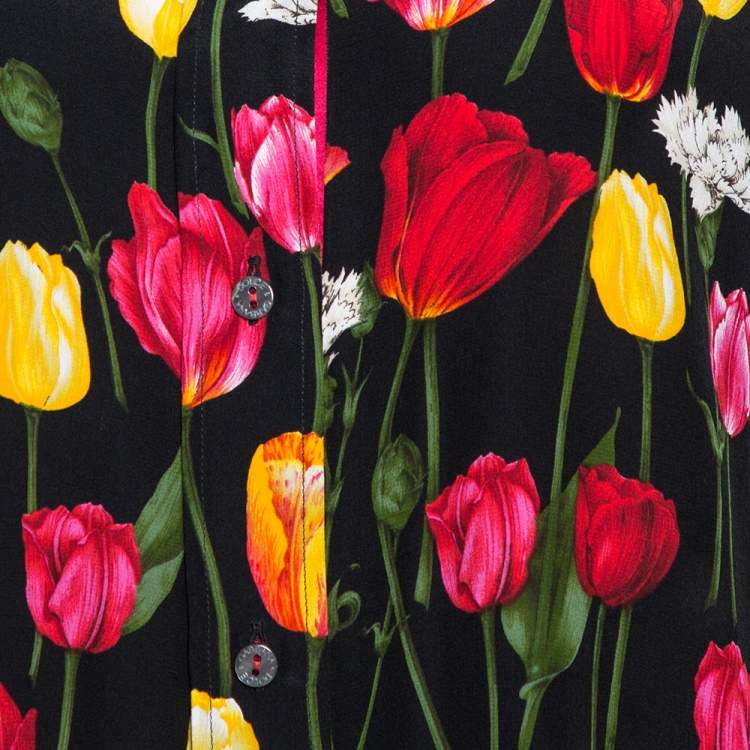 Pre Owned Dolce & Gabbana Black Tulip Print Silk Long Sleeve Shirt L