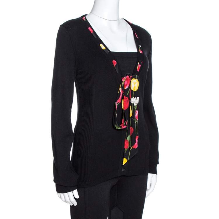Pre Owned Dolce & Gabbana Black Knit Tulip Print Tie Neck Cardigan L