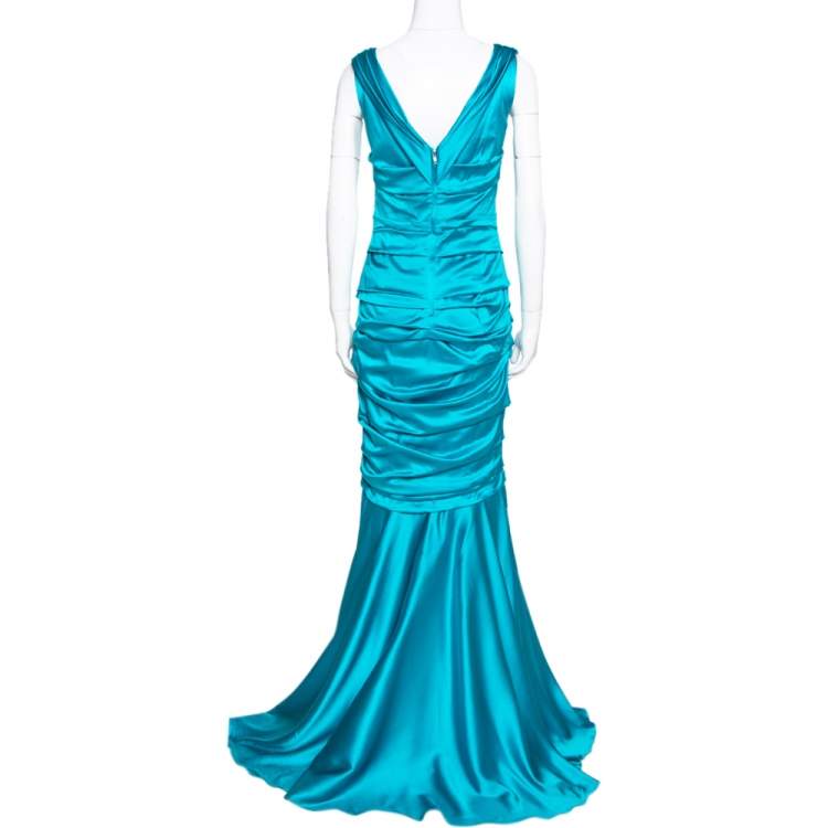 Pre Owned Dolce & Gabbana Turquoise Blue Silk Satin Ruched Maxi Dress L 
