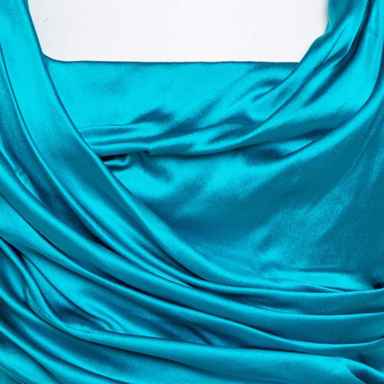 Pre Owned Dolce & Gabbana Turquoise Blue Silk Satin Ruched Maxi Dress L 