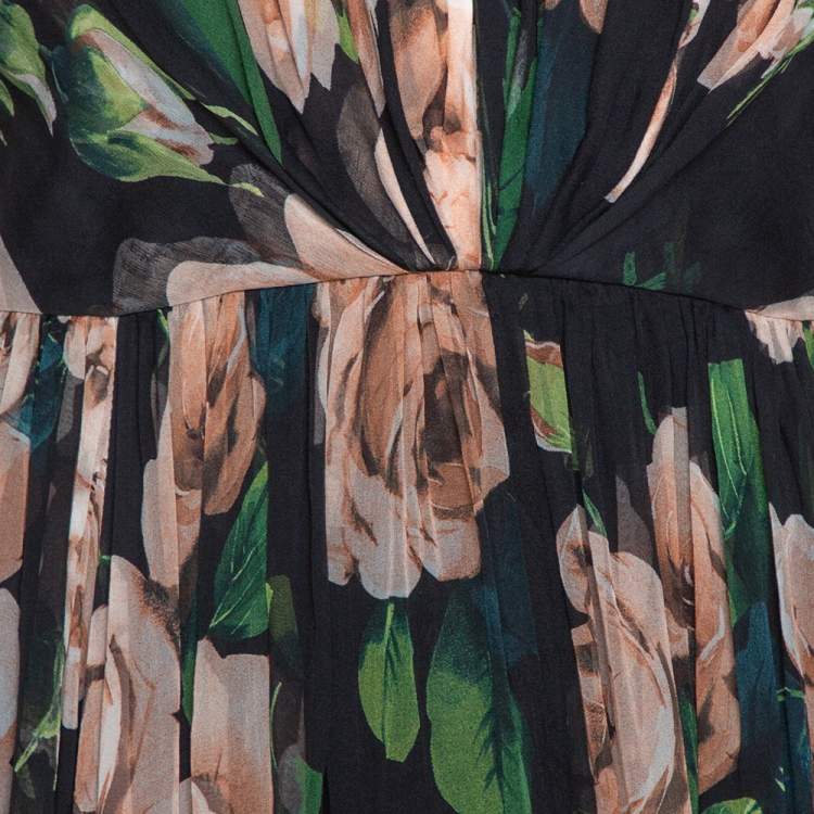 مملوكة مسبقًا Dolce & Gabbana Black Rose Print Silk Gathered Strapless Dress L