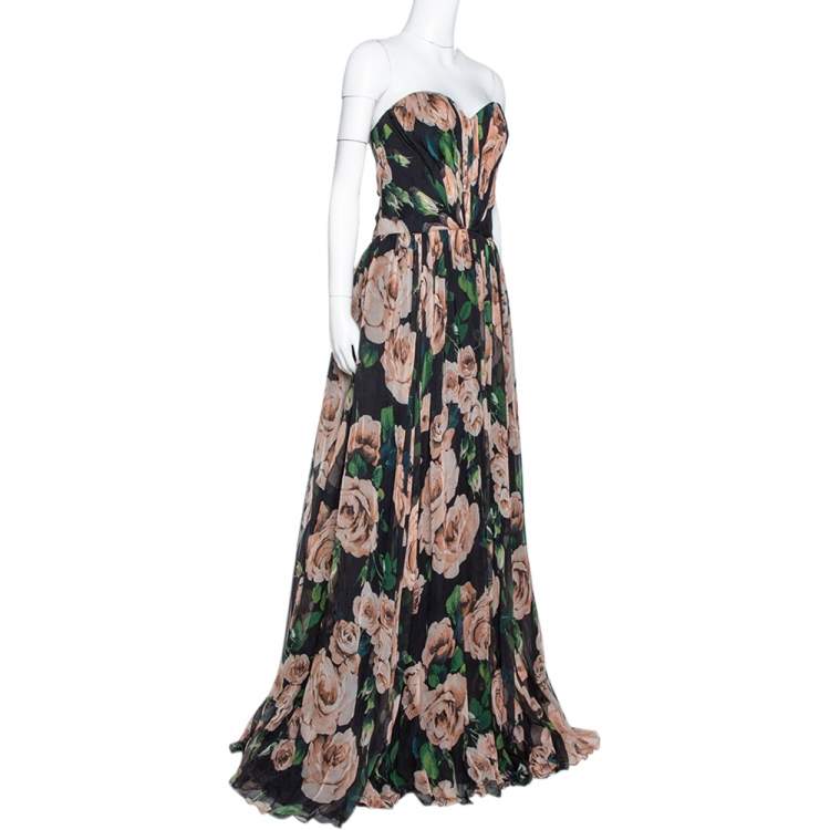 مملوكة مسبقًا Dolce & Gabbana Black Rose Print Silk Gathered Strapless Dress L