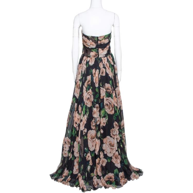 مملوكة مسبقًا Dolce & Gabbana Black Rose Print Silk Gathered Strapless Dress L